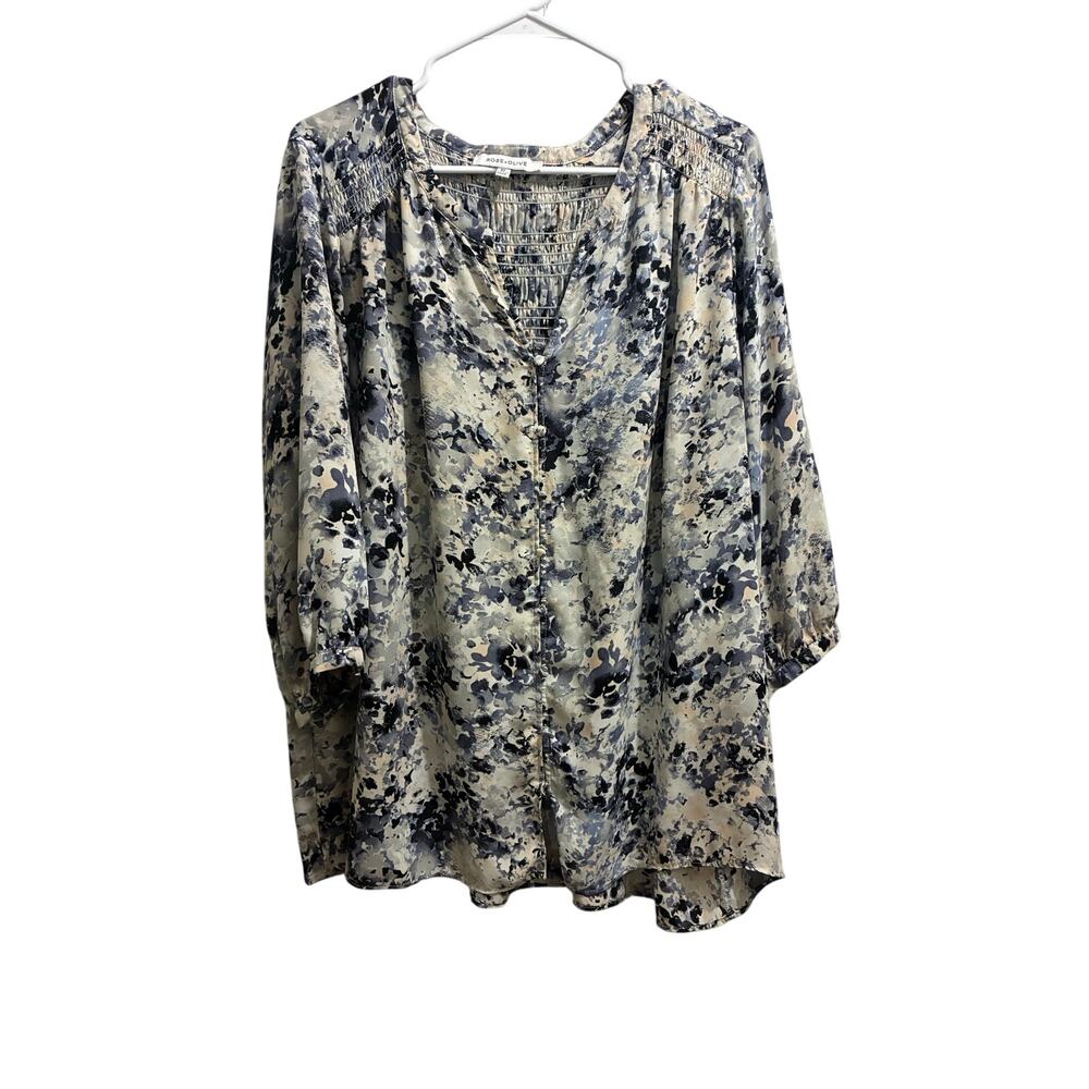 * Rose & Olive Watercolor Floral Blouse Smocked Shoulder Button Front Top